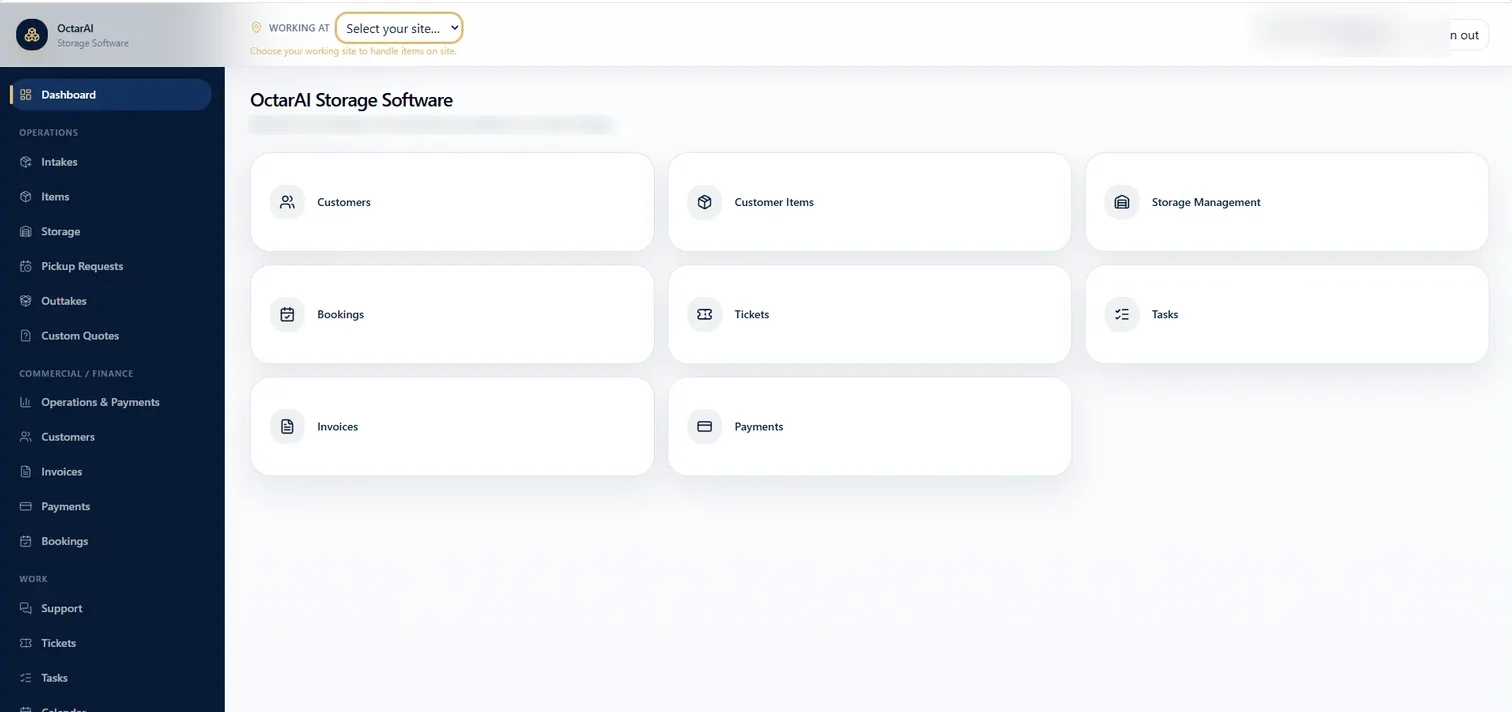 Dashboard der OctarAI Storage Software: Navigation für Intakes, Items, Storage, Rechnungen und Zahlungen sowie Kacheln für Kunden, Buchungen, Tickets und Aufgaben.